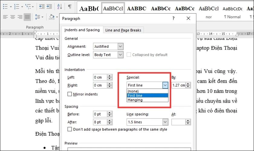 Chọn vào mụn First line để chỉnh lùi đầu dòng trong Word