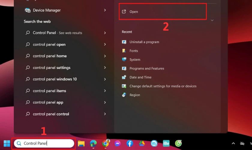 Vào Windows Search và nhập tìm Control Panel
