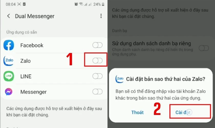 Chọn C&agrave;i đặt để x&aacute;c nhận thiết lập hai ứng dụng Zalo tr&ecirc;n điện thoại của bạn