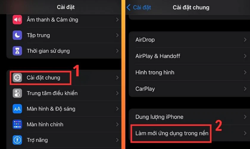 Chọn vào Cài đặt chung và chọn vào Làm mới ứng dụng trong nền