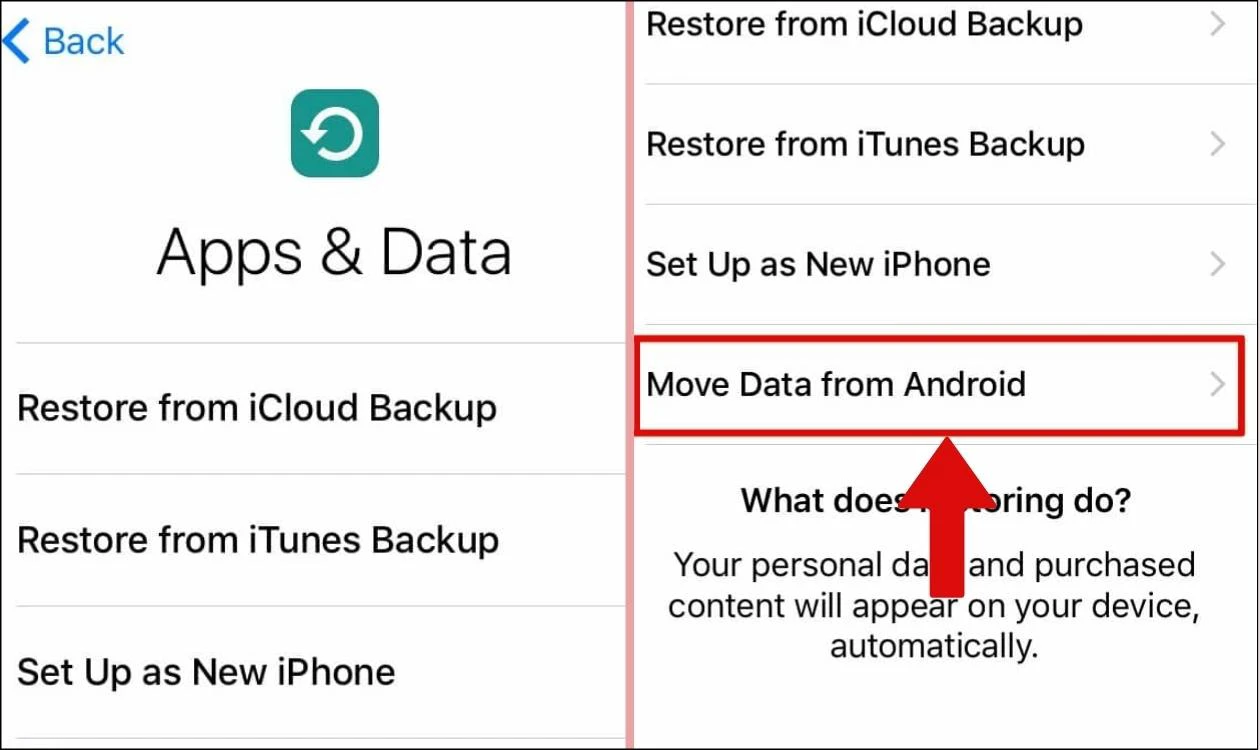 V&agrave;o App & Data để tiến h&agrave;nh c&aacute;ch chuyển ảnh từ Android sang iPhone