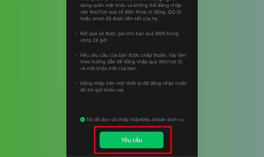 Đọc ghi ch&uacute;, nhấn chọn T&ocirc;i đ&atilde; đọc v&agrave; chấp nhận Điều khoản dịch vụ v&agrave; chọn mục Y&ecirc;u cầu