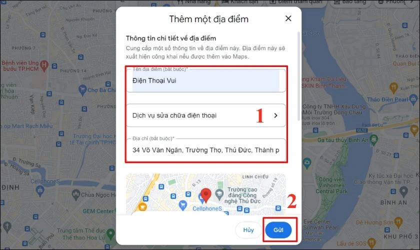 Nhập đầy đủ thông tin địa điểm Google Maps yêu cầu
