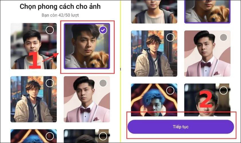 Chọn 1 trong 6 phong c&aacute;ch cho ảnh Zalo AI Avatar gợi &yacute;
