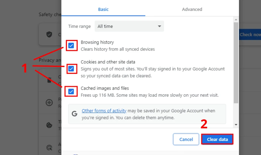 Chọn mục bạn muốn x&oacute;a sau đ&oacute; chọn Clear data