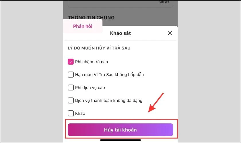 Chọn lý do muốn hủy và nhấn vào Hủy tài khoản