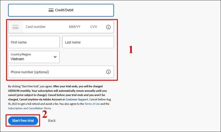 Nhập th&ocirc;ng tin thanh to&aacute;n v&agrave; nhấn Start free trial