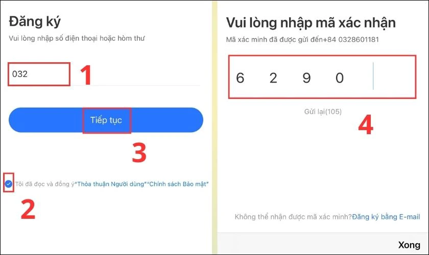 Điền số điện thoại v&agrave; chọn v&agrave;o dấu tr&ograve;n để đồng &yacute; với điều khoản của ứng dụng rồi bạn nhấn Tiếp tục
