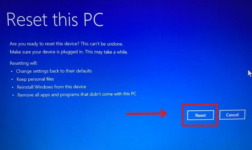 Nhấn Reset để tiến h&agrave;nh kh&ocirc;i phục Windows 11 về trạng th&aacute;i ban đầu 