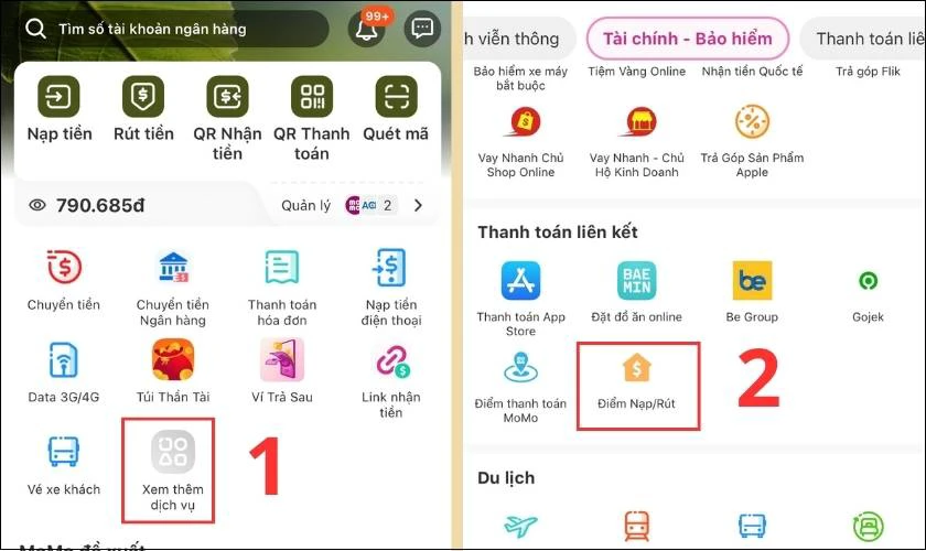Nạp tiền v&agrave;o MoMo bằng tiền mặt tại c&aacute;c điểm nạp tiền