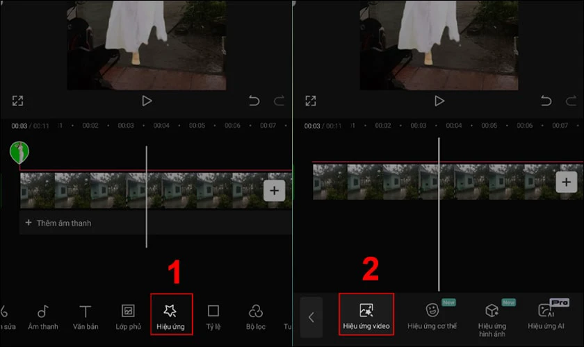 Chọn Lớp phủ v&agrave; chọn Hiệu ứng video