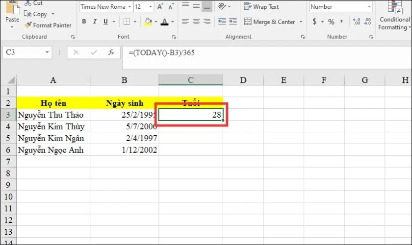 Số tuổi sẽ được trả về tại ô cần tính