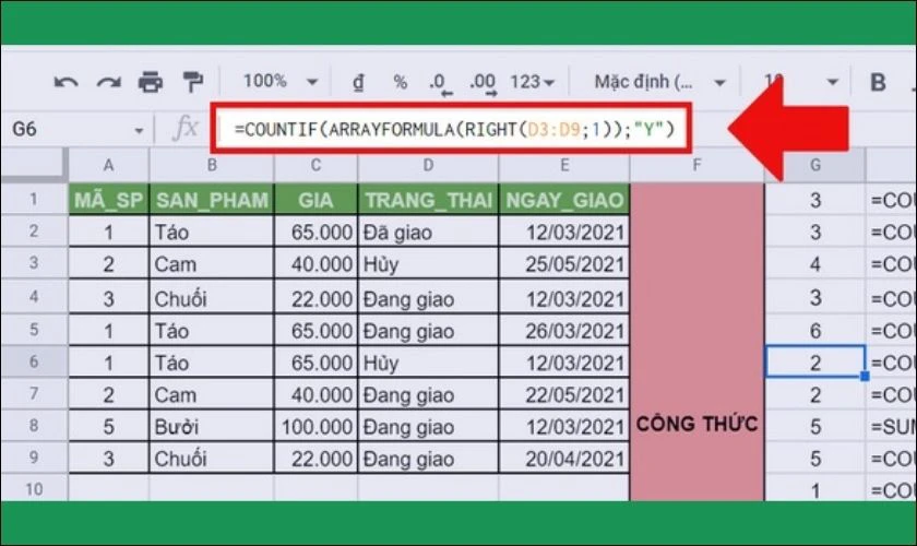Ví dụ khi kết hợp hàm COUNTIF với hàm Right