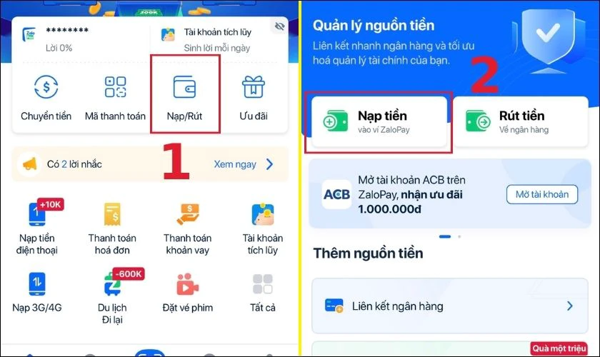 C&aacute;ch nạp tiền v&agrave;o ZaloPay trực tiếp tr&ecirc;n app ZaloPay