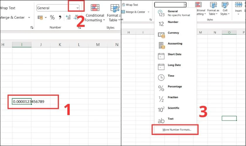 Chọn vào More Number Formats trên thanh công cụ General