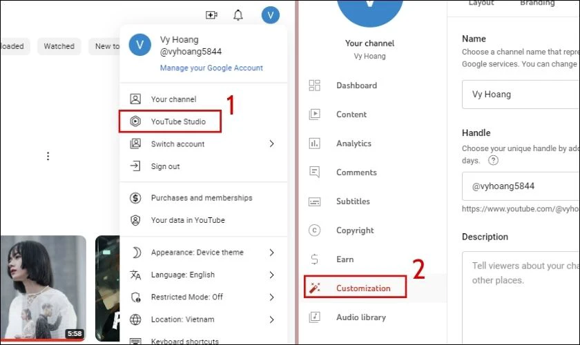 Chọn mục YouTube Studio v&agrave; chọn lệnh T&ugrave;y chỉnh