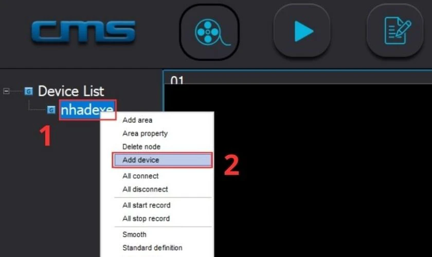 Nhấn chuột phải v&agrave;o mục bạn vừa tạo rồi chọn v&agrave;o Add device để nhập th&ocirc;ng số camera