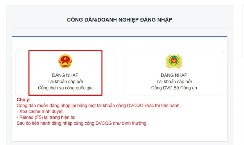 Chọn mục Tài khoản cấp bởi Cổng dịch vụ công quốc gia