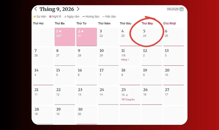 Ngày 05 tháng 09 năm 2026 là ngày 25 tháng 7 Âm lịch