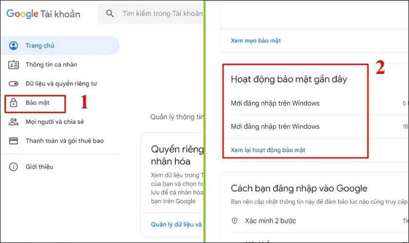 Nhấn chọn mục Bảo mật để xem lại hoạt động đăng nhập