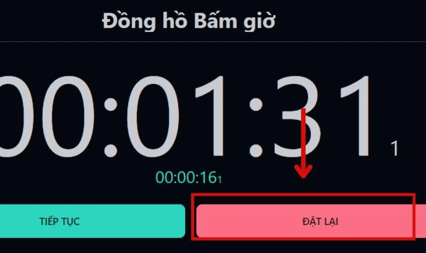 Chọn v&agrave;o Đặt lại nếu bạn muốn bấm giờ lại từ đầu. 