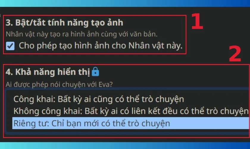 Bật/tắt t&iacute;nh năng tạo ảnh v&agrave; chỉnh mục Khả năng hiển thị