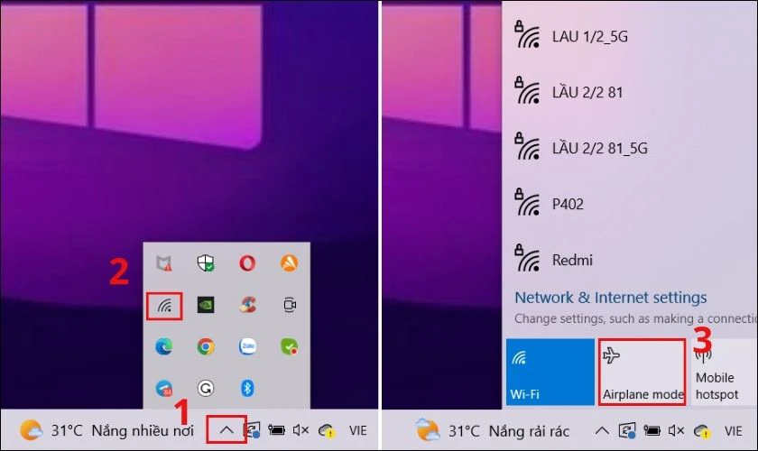 Tắt chế độ máy bay khi laptop bị tình trạng không có Bluetooth