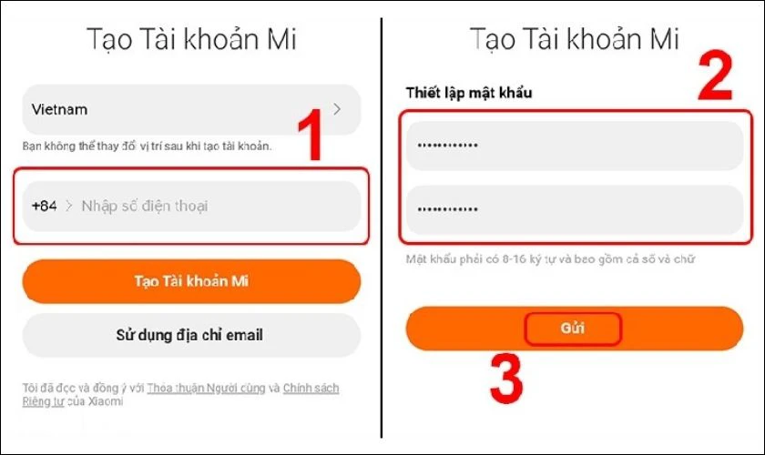 Thiết lập mật khẩu t&ugrave;y &yacute; v&agrave; ấn chọn n&uacute;t Gửi