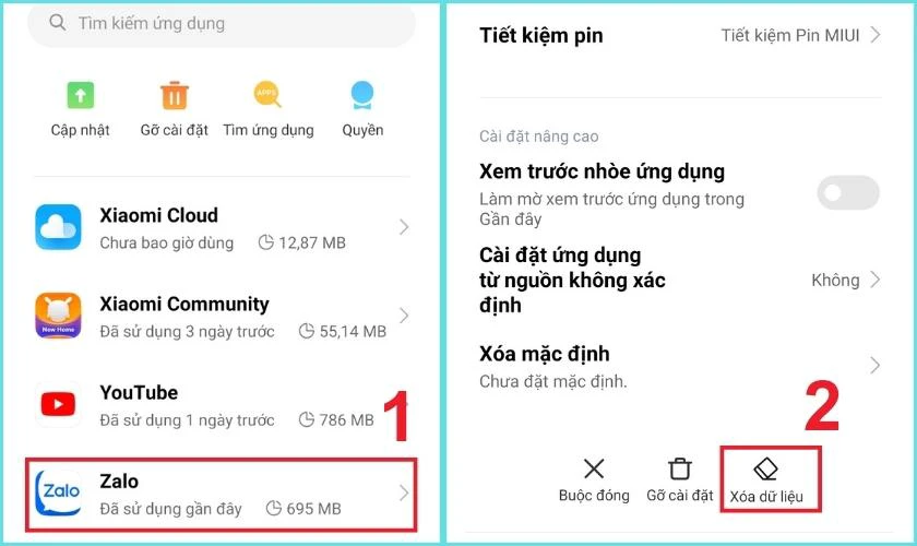 T&igrave;m kiếm ứng dụng Zalo tr&ecirc;n tab đ&oacute; v&agrave; chọn X&oacute;a dữ liệu