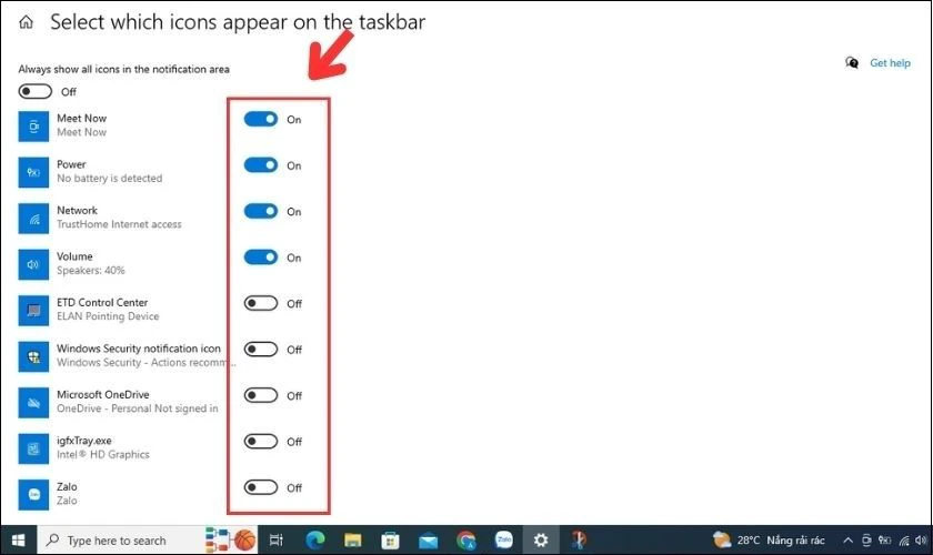Tùy chỉnh các biểu tượng trên Taskbar