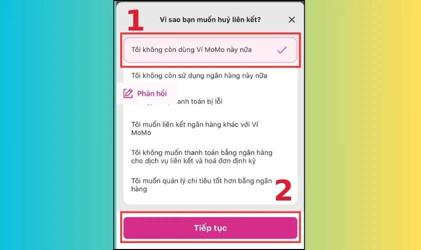 Chọn l&yacute; do hủy li&ecirc;n kết v&agrave; nhấn chọn Tiếp tục