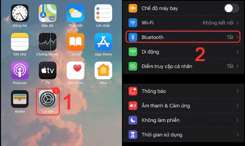 Mở Cài đặt trên màn hình chính, chọn Bluetooth