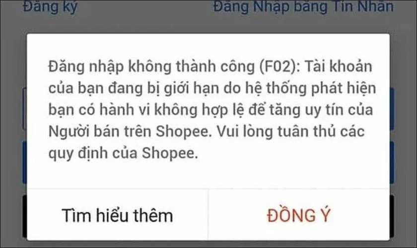 Biểu hiện lỗi F02 trên Shopee?
