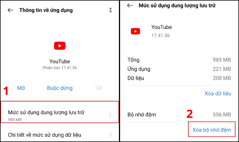 Chọn Mức sử dụng dung lượng lưu trữ rồi nhấn v&agrave;o X&oacute;a bộ nhớ đệm