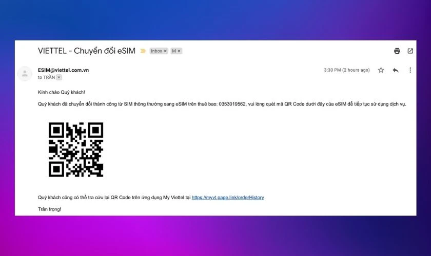 Sử dụng mã QR code eSIM sau khi chuyển đổi thành công
