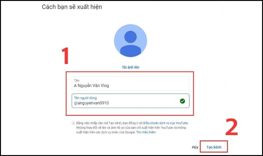 Nhập t&ecirc;n theo &yacute; th&iacute;ch v&agrave; nhấn chọn Tạo k&ecirc;nh