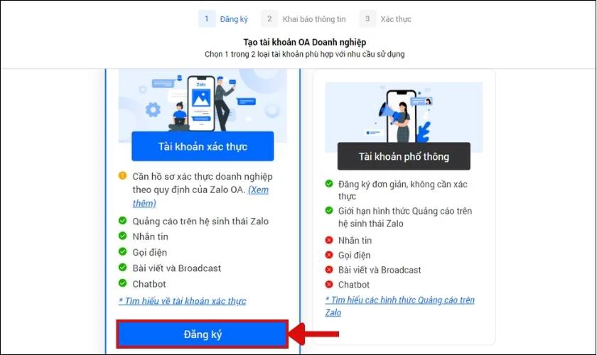 Tạo t&agrave;i khoản OA doanh nghiệp v&agrave; nhấn Đăng k&yacute;