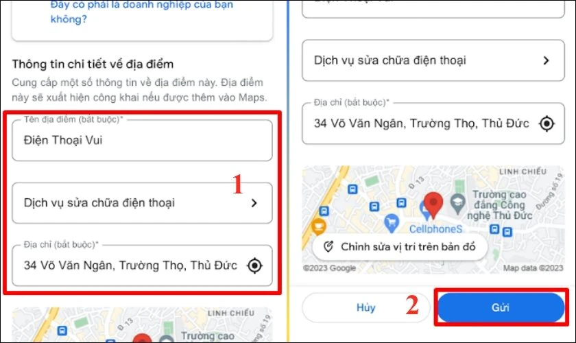 Điền thông tin và nhấn nút Gửi để Google Maps nhận thông tin về địa chỉ