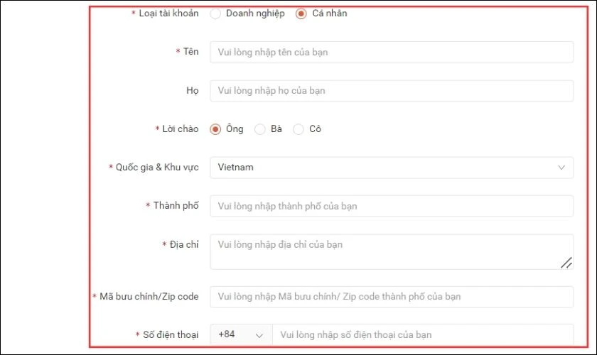 Bạn lưu &yacute; cần điền đủ th&ocirc;ng tin v&agrave;o c&aacute;c mục c&oacute; đ&aacute;nh dấu * đỏ