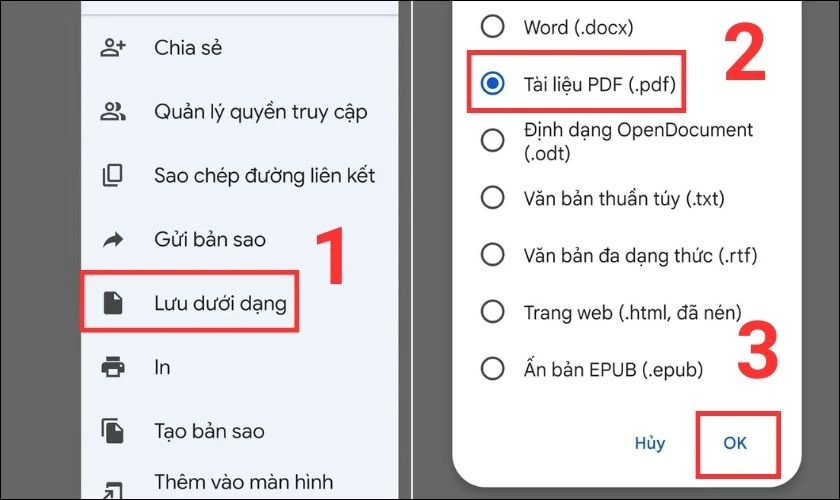 Ấn vào Lưu dưới dạng sau đó chọn định dạng Tài liệu PDF (.pdf) và nhấp ấn OK