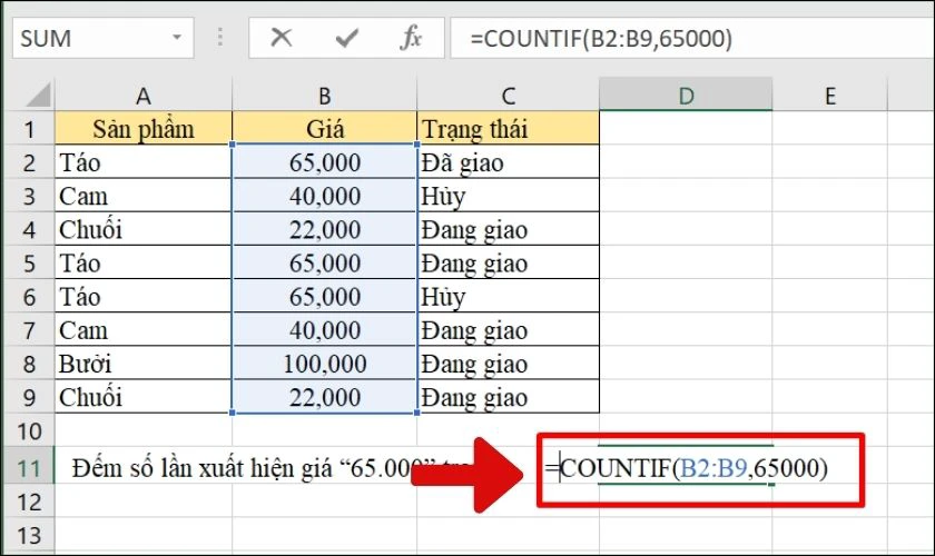 Cách sử dụng hàm COUNTIF cơ bản