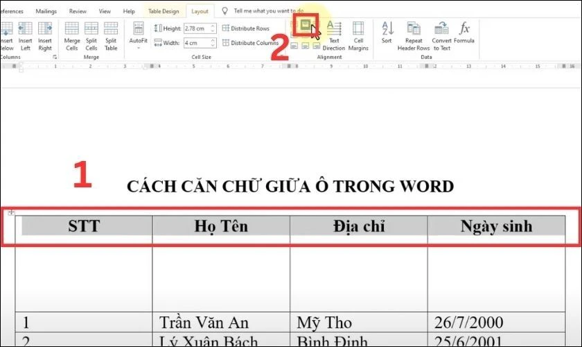 Align Top Center để căn giữa ở phía trên