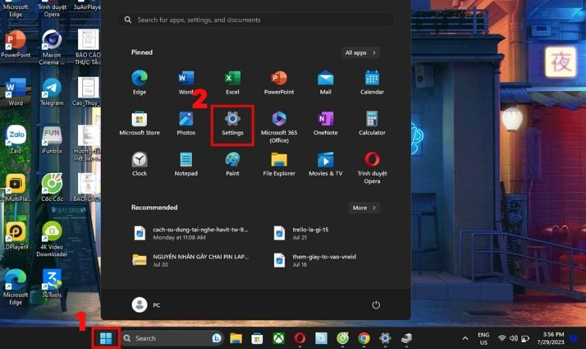 Nhấn v&agrave;o mục Settings trong Windows