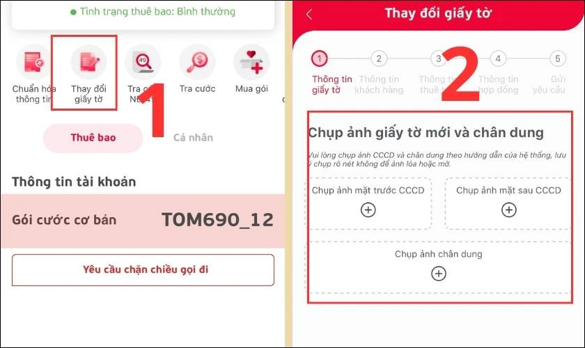Chọn mục Thay đổi giấy tờ v&agrave; bắt đầu tải l&ecirc;n CMND/CCCD, ảnh ch&acirc;n dung của bạn v&agrave; c&aacute;c th&ocirc;ng tin kh&aacute;c
