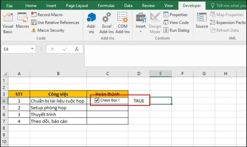 Cách tạo ô vuông đánh dấu tích trong Excel
