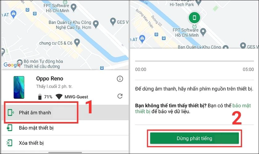 Chọn Ph&aacute;t &acirc;m thanh để t&igrave;m thiết bị bị mất 