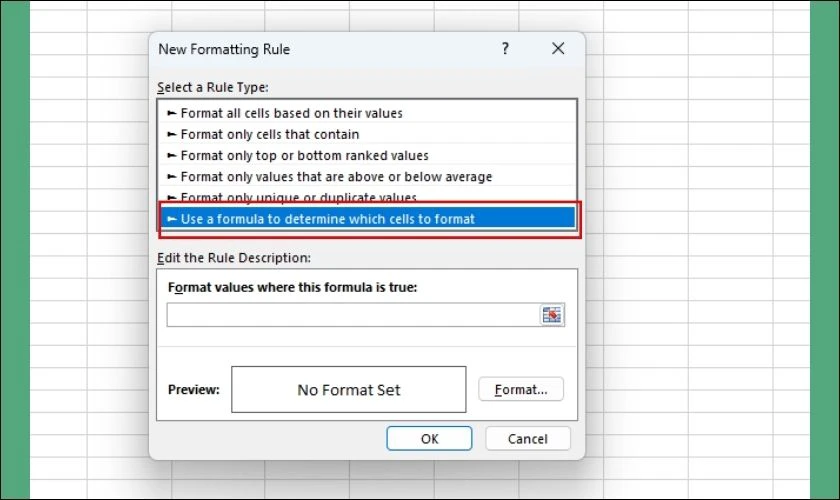 Hộp thoại New Formatting Rule hiện ra