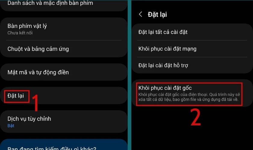 Chọn mục Đặt lại v&agrave; chọn Kh&ocirc;i phục c&agrave;i đặt gốc