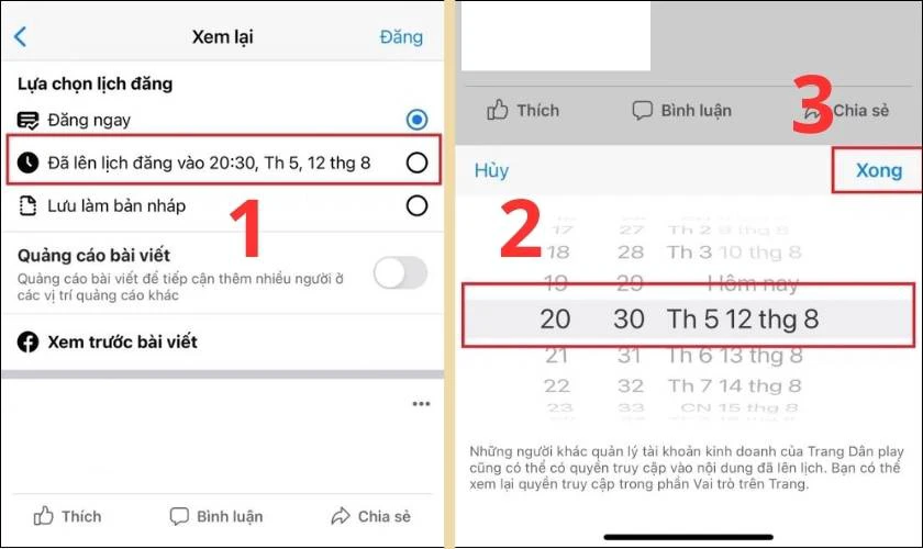 Chọn L&ecirc;n lịch b&agrave;i đăng v&agrave; nhấn Xong