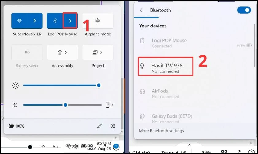 Tr&ecirc;n m&agrave;n h&igrave;nh m&aacute;y t&iacute;nh t&igrave;m t&ecirc;n Havit TW 938 trong danh s&aacute;ch thiết bị kết nối Bluetooth